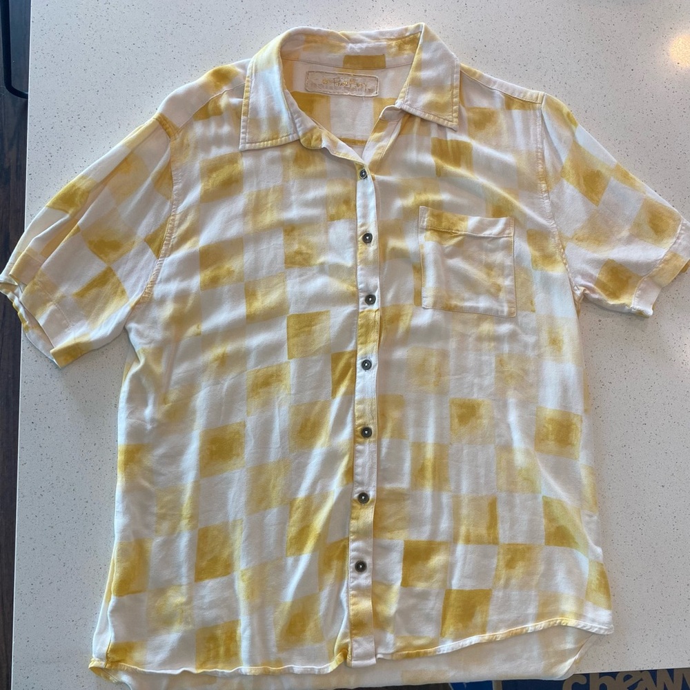 Jen's Pirate Booty Yellow and White Checked Shirt.